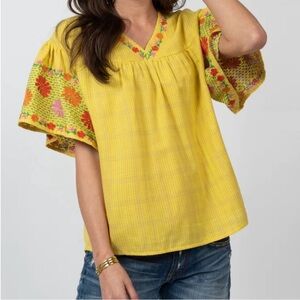 Ivy Jane Sunshine Garden Embroidered Cotton Blouse - Yellow - Size S/M